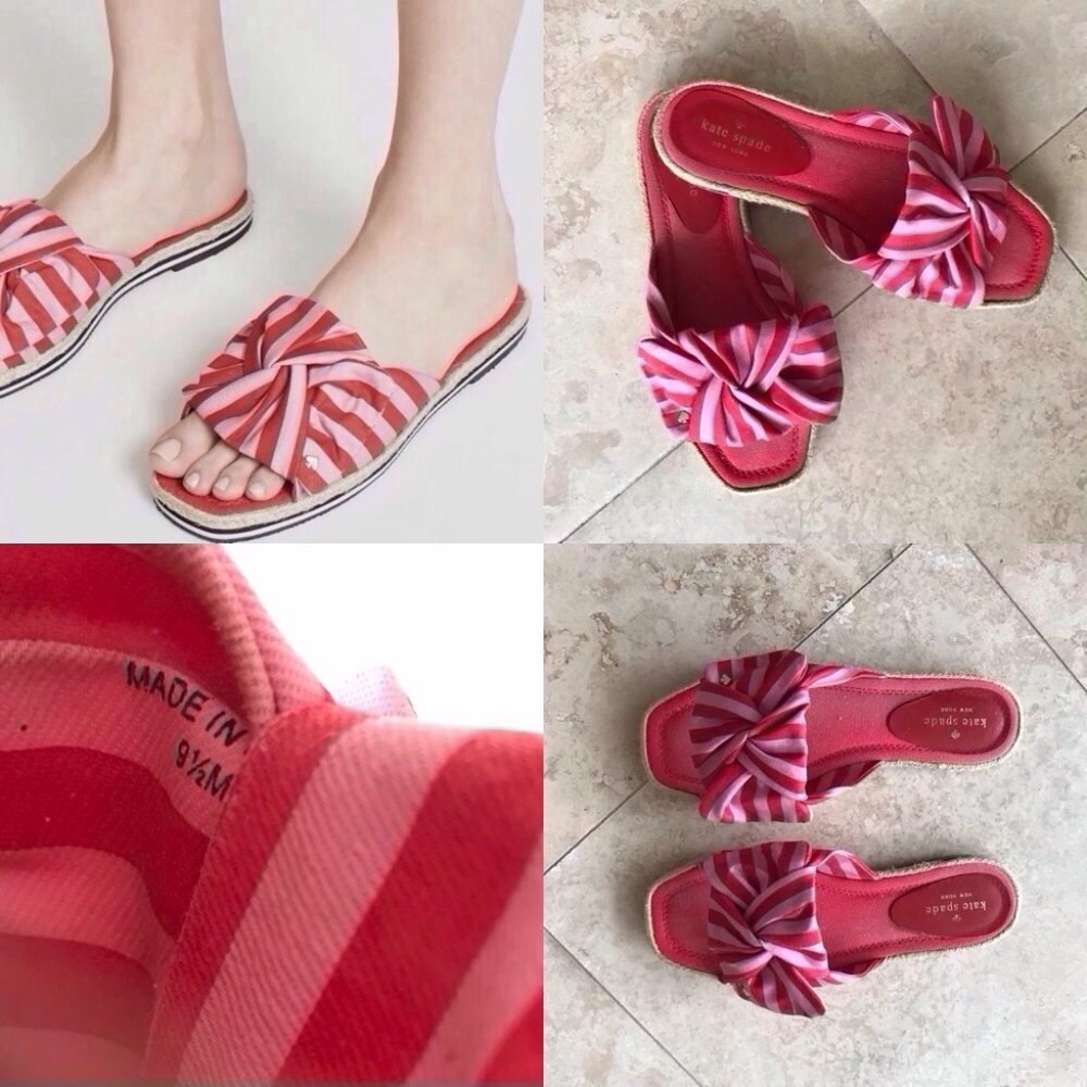 🔥SALE 60% OFF🔥Kate Spade♠️  Caliana Striped Bow Flat Sandals 9.5  Pink Red